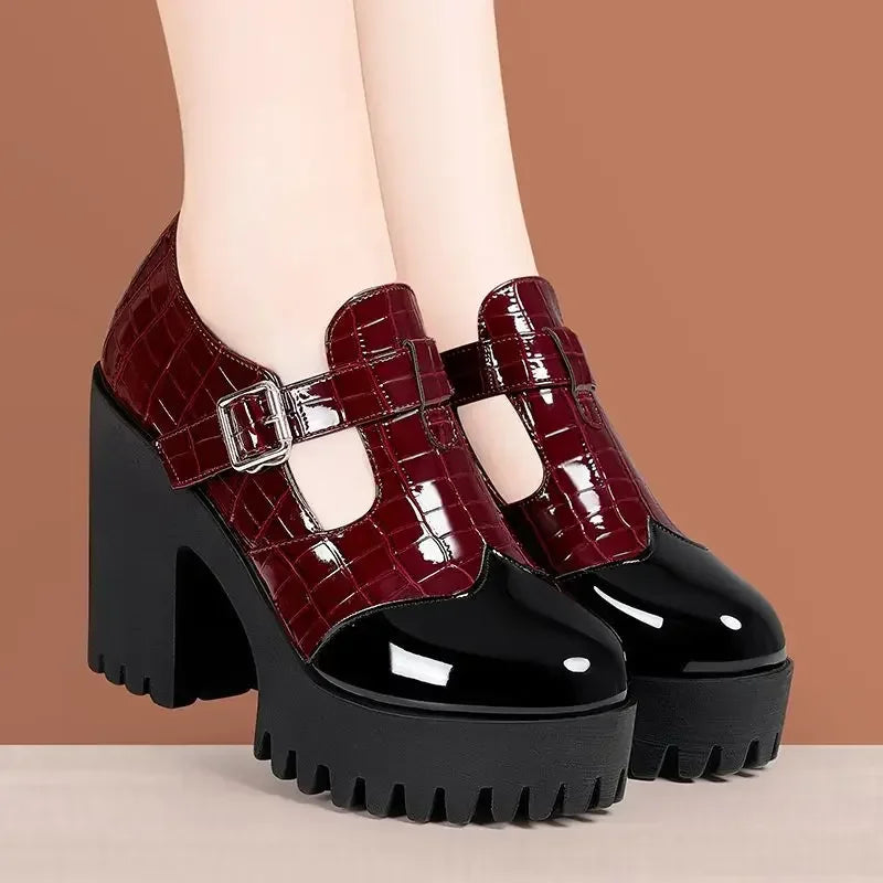 Deep Mouth Bright Leather Mary Janes High Heels Women's Platform Pumps