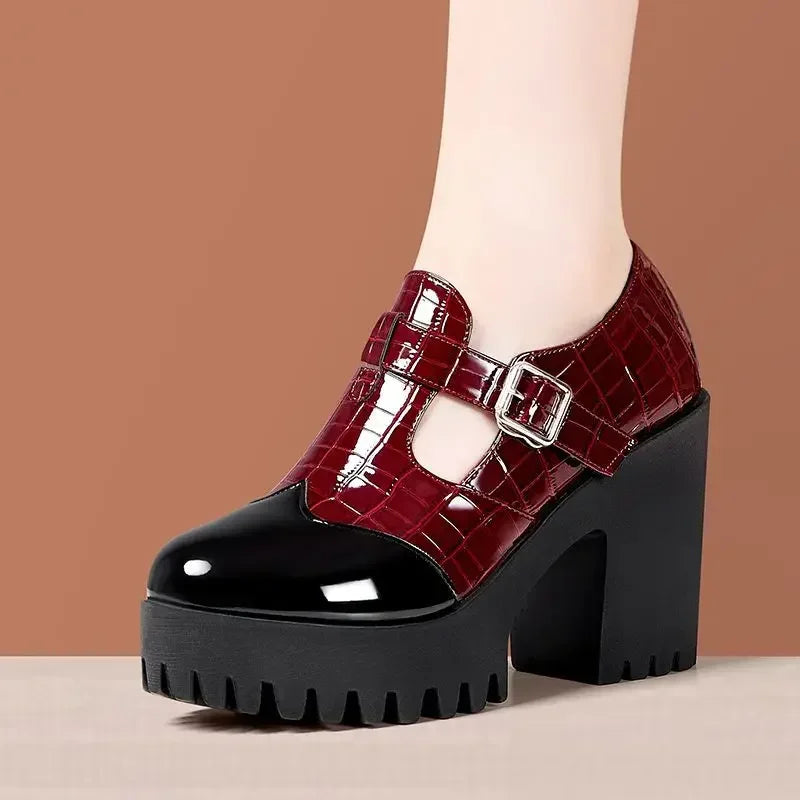 Deep Mouth Bright Leather Mary Janes High Heels Women's Platform Pumps