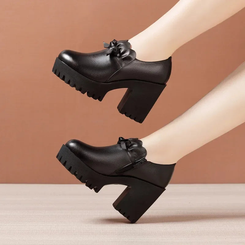 Deep Mouth Black Genuine Leather High Heels Women Shoes