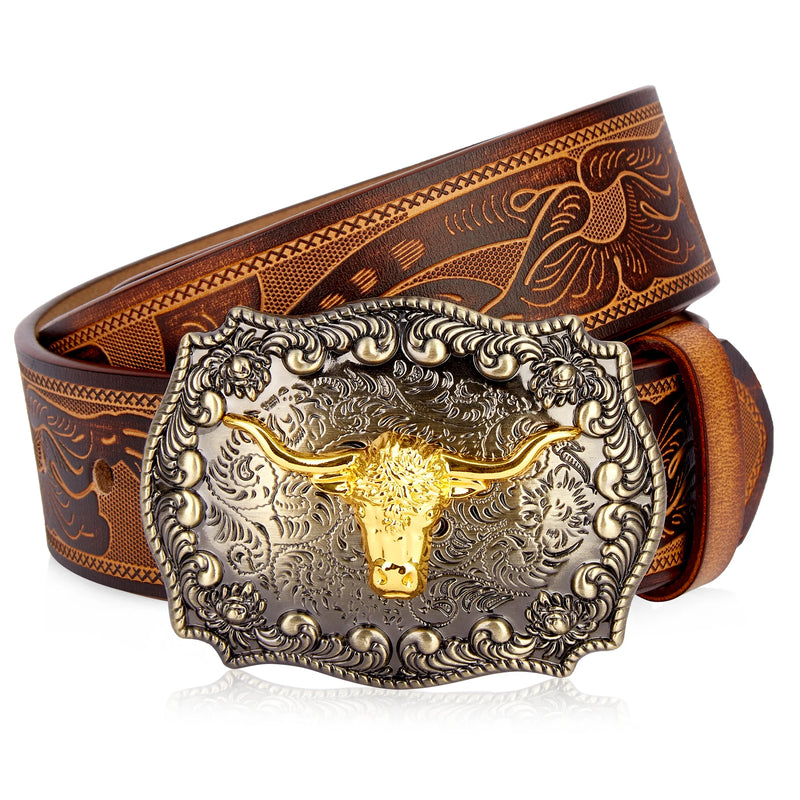Men's Western Embossed Genuine Leather Belts with Golden Cowboy Longhorn Bull Buckle