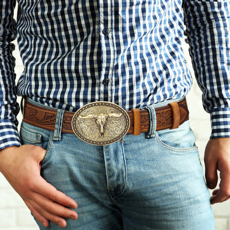 Men's Western Embossed Genuine Leather Belts with Golden Cowboy Longhorn Bull Buckle