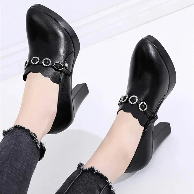 Premium Design Crystal Buckle Platform High Heels Shoes Women Pumps
