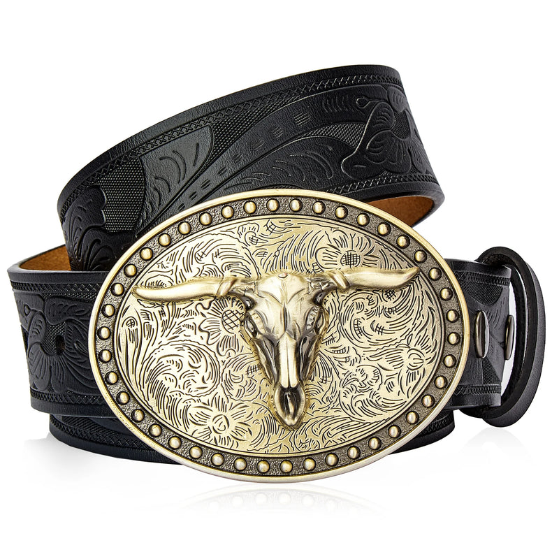 Men's Western Embossed Genuine Leather Belts with Golden Cowboy Longhorn Bull Buckle