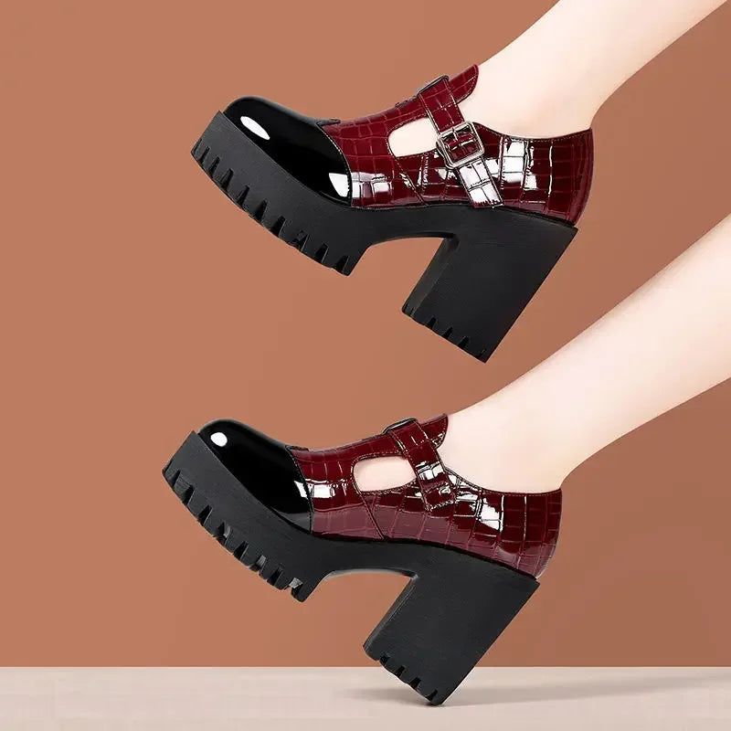 Deep Mouth Bright Leather Mary Janes High Heels Women's Platform Pumps