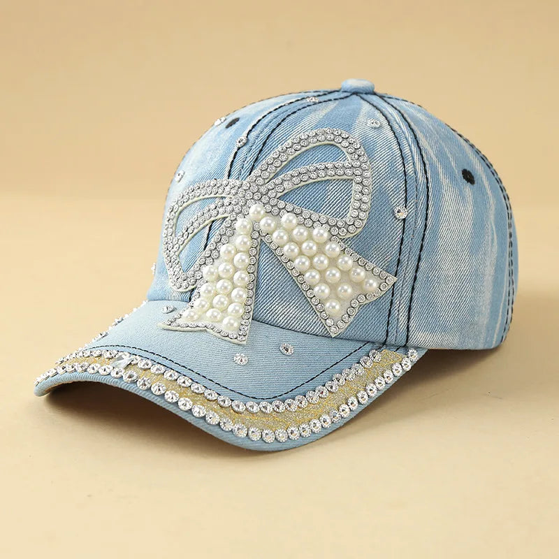 Handmade Diamond Stitching Adjustable Denim Baseball Caps with Pearl for Women