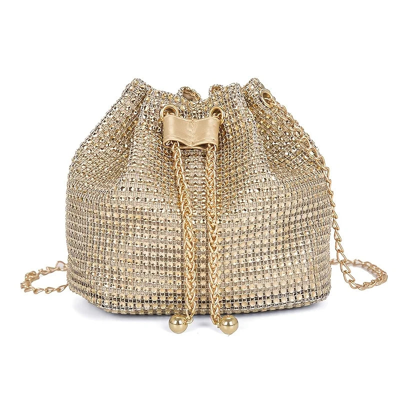 Sparkling Rhinestone Embellished Drawstring Crossbody Formal Handbags for Women