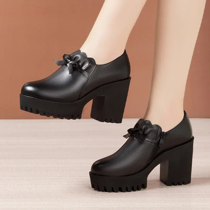 Deep Mouth Black Genuine Leather High Heels Women Shoes