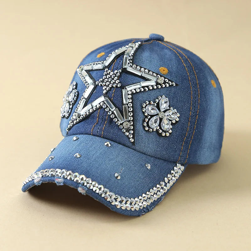 Denim Fashion Point Diamond Star Trendy Outdoor Women Baseball Cap