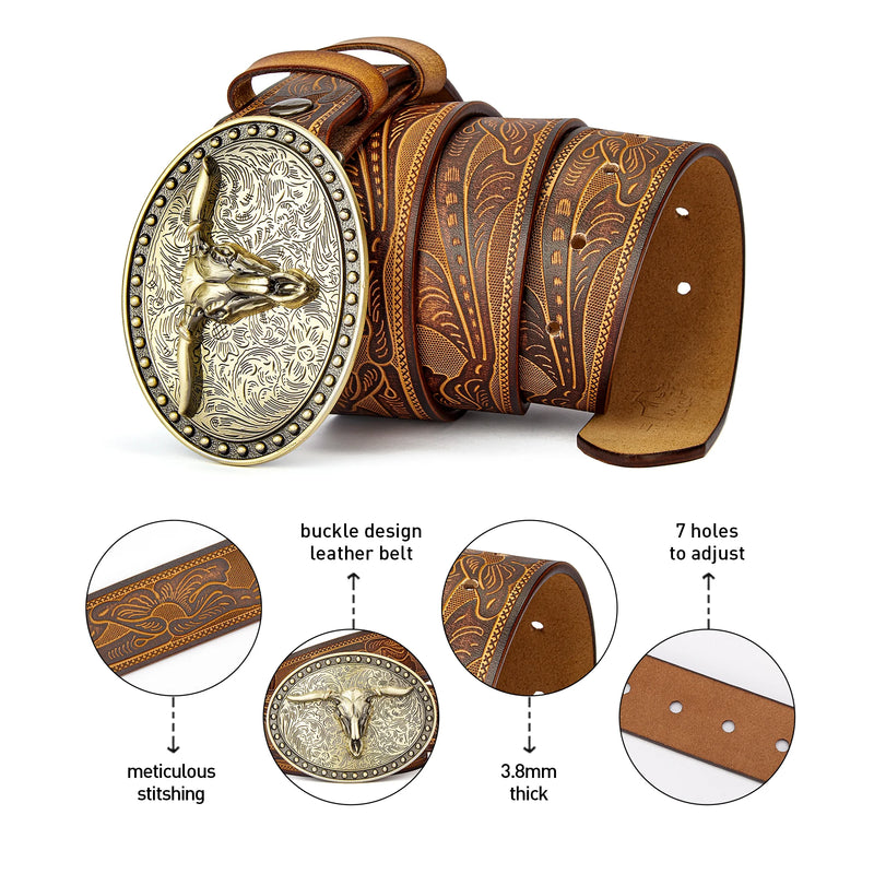 Men's Western Embossed Genuine Leather Belts with Golden Cowboy Longhorn Bull Buckle