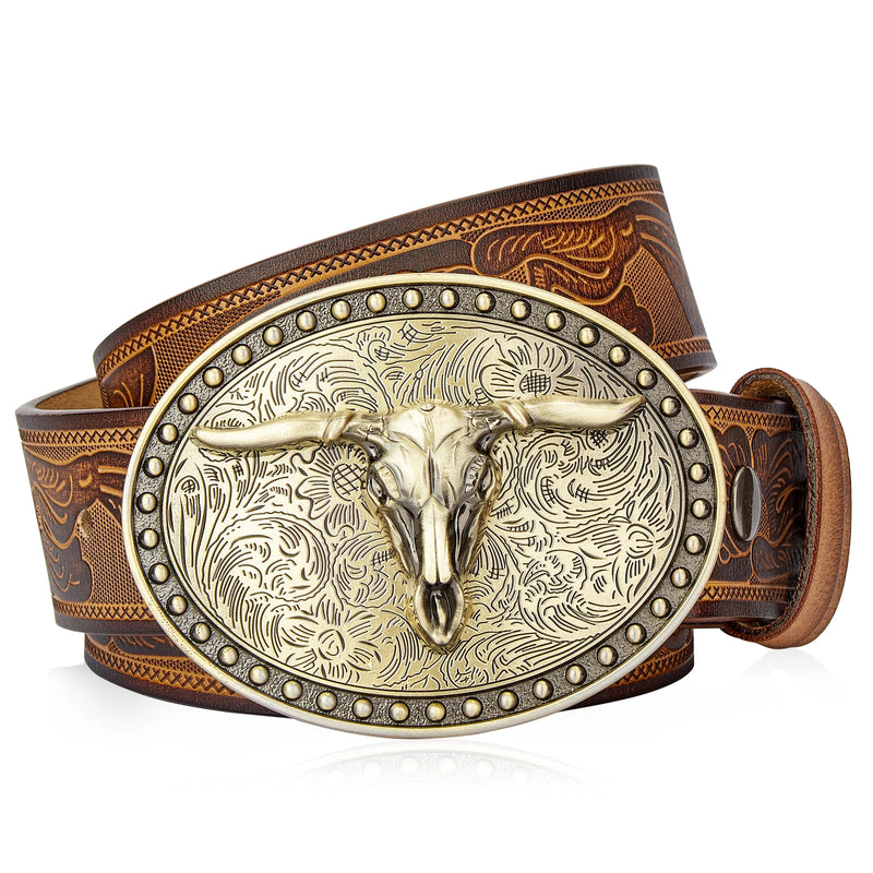 Men's Western Embossed Genuine Leather Belts with Golden Cowboy Longhorn Bull Buckle
