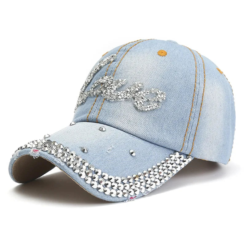 Denim Rhinestone Letter Love Adjustable Summer Outdoor Women Baseball Cap