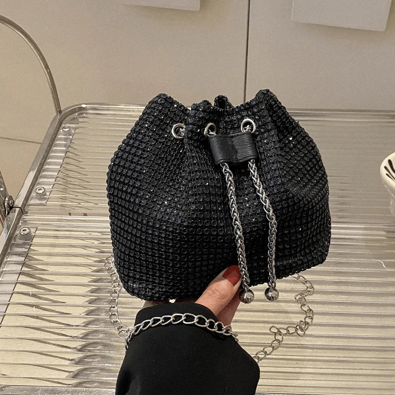 Sparkling Rhinestone Embellished Drawstring Crossbody Formal Handbags for Women
