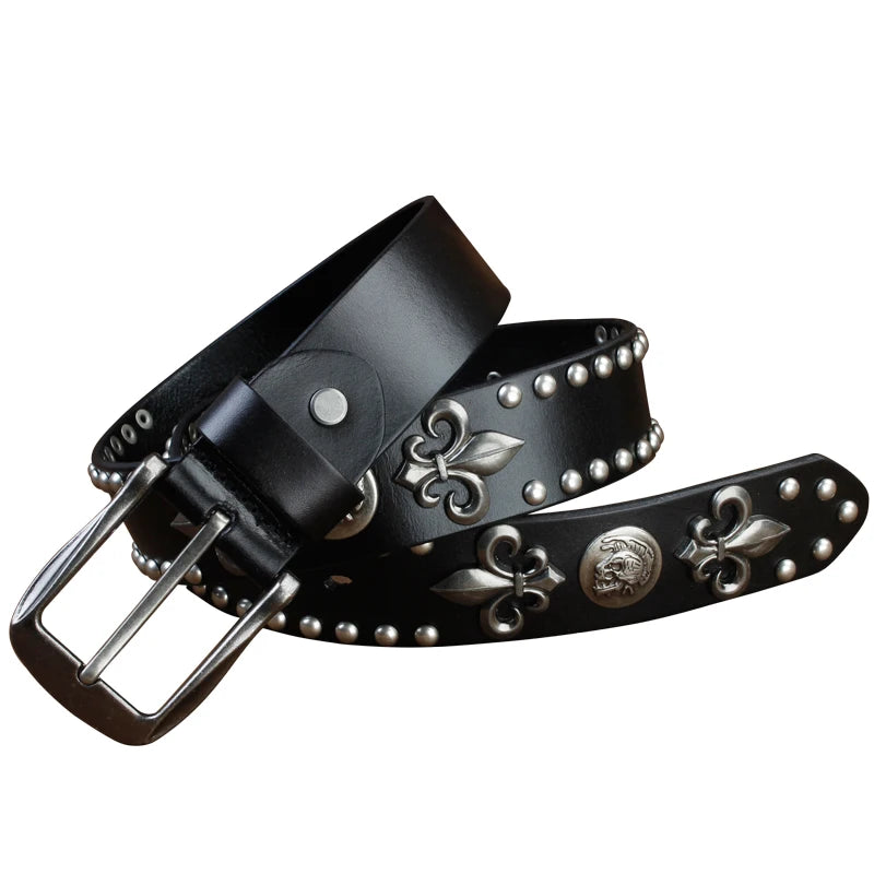 Brand Designer Metal Rivet Cowboy Belt Top Grain 100% Genuine Leather Men Belt