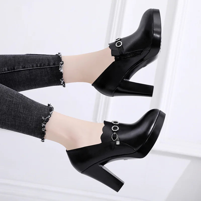 Premium Design Crystal Buckle Platform High Heels Shoes Women Pumps