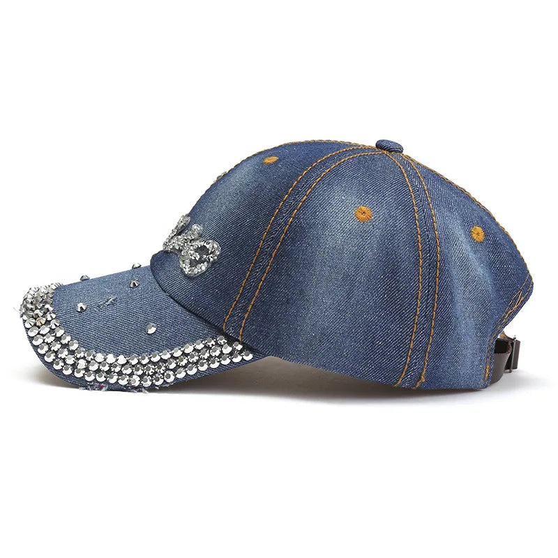 Denim Rhinestone Letter Love Adjustable Summer Outdoor Women Baseball Cap