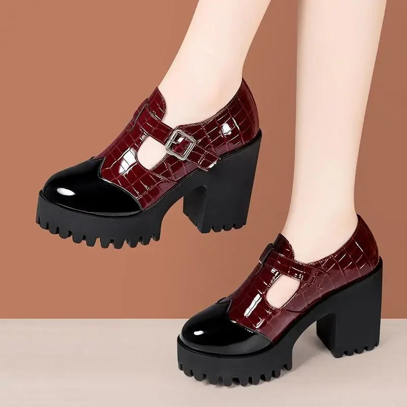 Deep Mouth Bright Leather Mary Janes High Heels Women's Platform Pumps