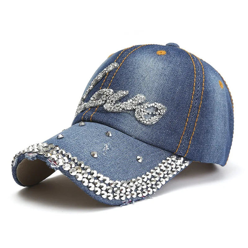 Denim Rhinestone Letter Love Adjustable Summer Outdoor Women Baseball Cap