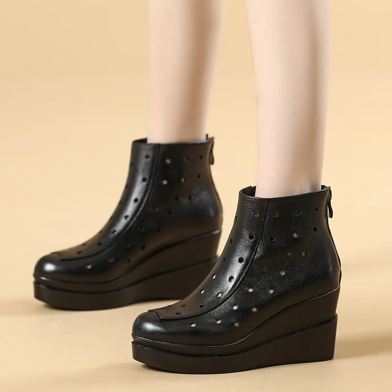 Genuine Leather Wedges Platform Zipper Soft Women Ankle Boots