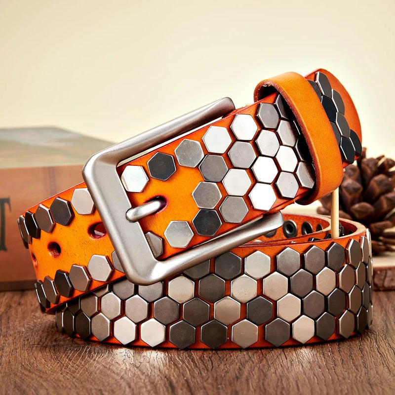 3.8cm Width Men Rivet Studded Belt Punk With Pin Buckle
