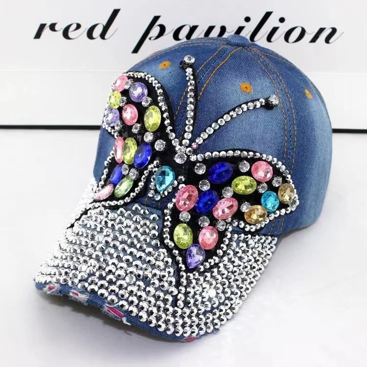 Fall Baseball Cap Women Full Crystal Colorful Big Butterfly Hat Denim Bling Rhinestone Snapback Caps Casquette Summer Hats