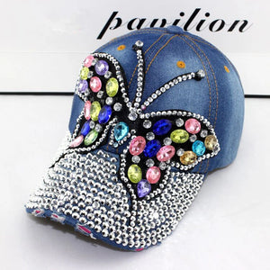Fall Baseball Cap Women Full Crystal Colorful Big Butterfly Hat Denim Bling Rhinestone Snapback Caps Casquette Summer Hats