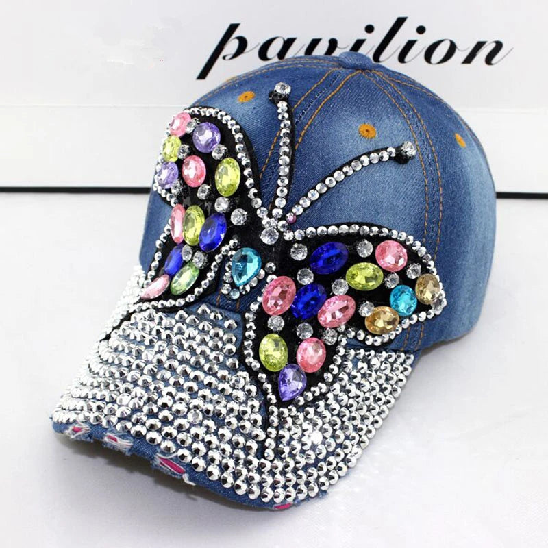 Fall Baseball Cap Women Full Crystal Colorful Big Butterfly Hat Denim Bling Rhinestone Snapback Caps Casquette Summer Hats