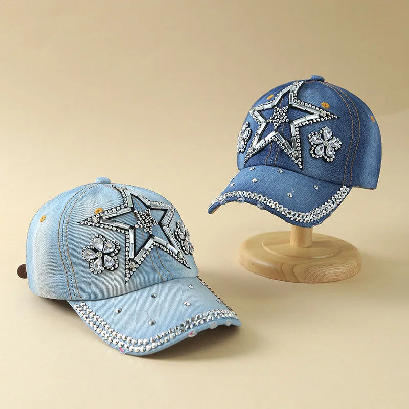 Denim Fashion Point Diamond Star Trendy Outdoor Women Baseball Cap