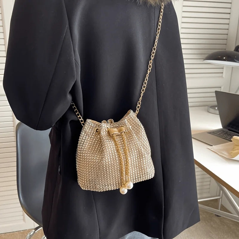 Sparkling Rhinestone Embellished Drawstring Crossbody Formal Handbags for Women