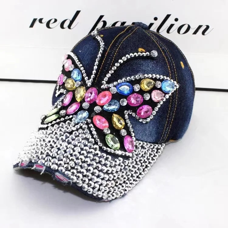 Fall Baseball Cap Women Full Crystal Colorful Big Butterfly Hat Denim Bling Rhinestone Snapback Caps Casquette Summer Hats