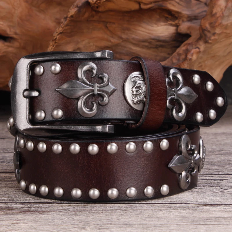 Brand Designer Metal Rivet Cowboy Belt Top Grain 100% Genuine Leather Men Belt