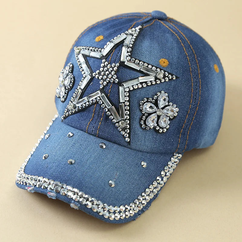 Denim Fashion Point Diamond Star Trendy Outdoor Women Baseball Cap