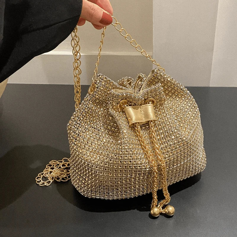 Sparkling Rhinestone Embellished Drawstring Crossbody Formal Handbags for Women