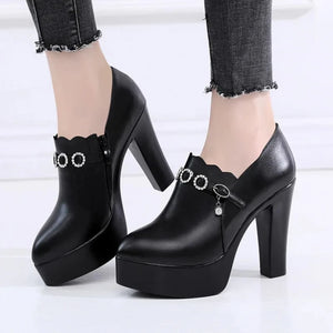 Premium Design Crystal Buckle Platform High Heels Shoes Women Pumps