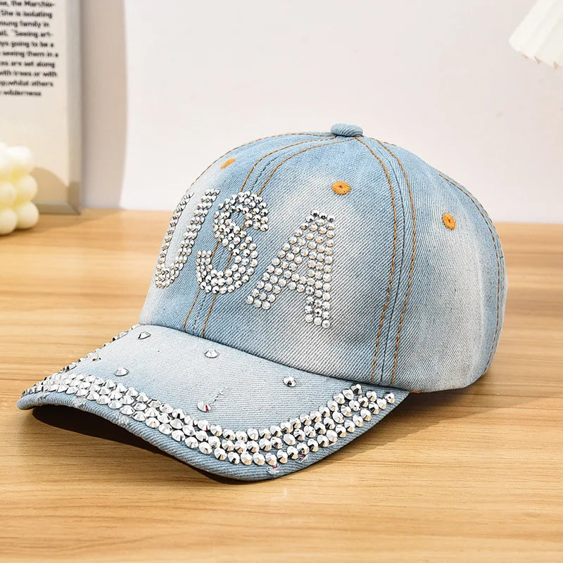 Diamond Encrusted Adjustable Back Buckle Women Baseball Cap