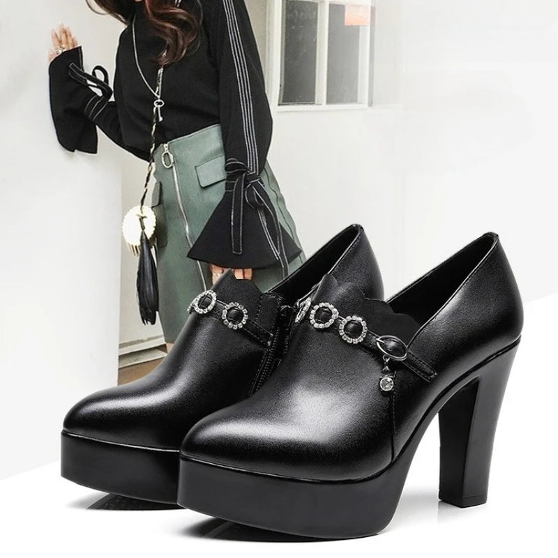 Premium Design Crystal Buckle Platform High Heels Shoes Women Pumps