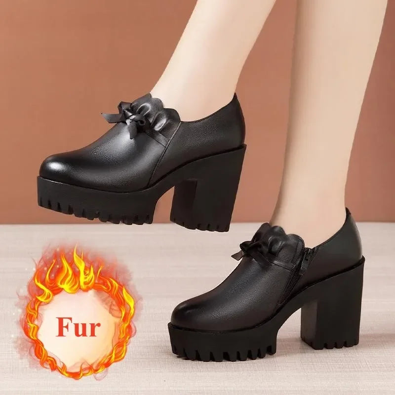 Deep Mouth Black Genuine Leather High Heels Women Shoes