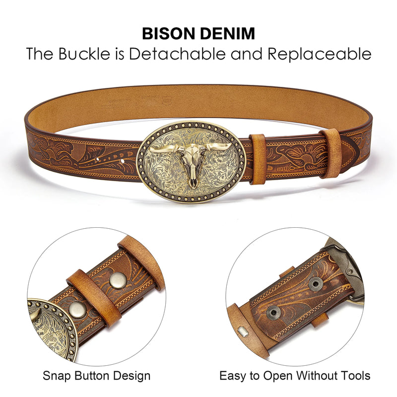 Men's Western Embossed Genuine Leather Belts with Golden Cowboy Longhorn Bull Buckle