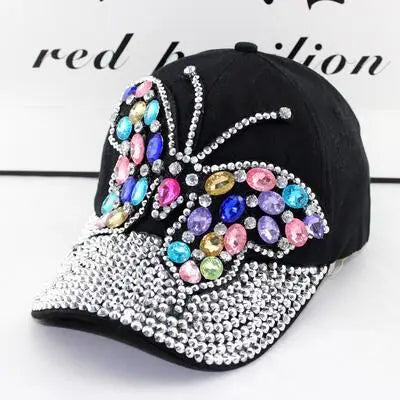 Fall Baseball Cap Women Full Crystal Colorful Big Butterfly Hat Denim Bling Rhinestone Snapback Caps Casquette Summer Hats