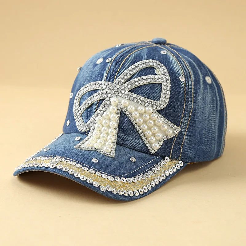 Handmade Diamond Stitching Adjustable Denim Baseball Caps with Pearl for Women