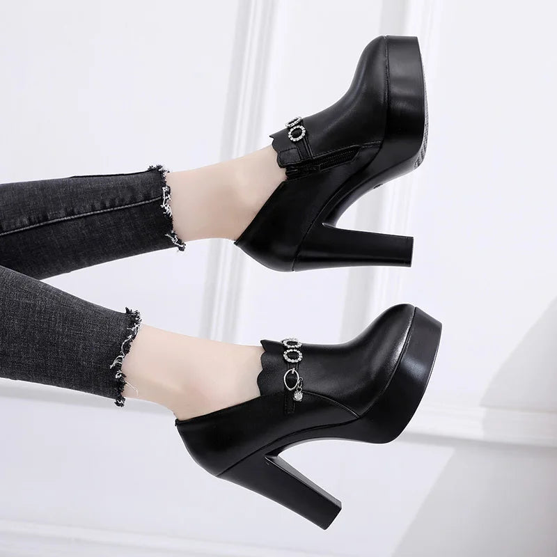 Premium Design Crystal Buckle Platform High Heels Shoes Women Pumps