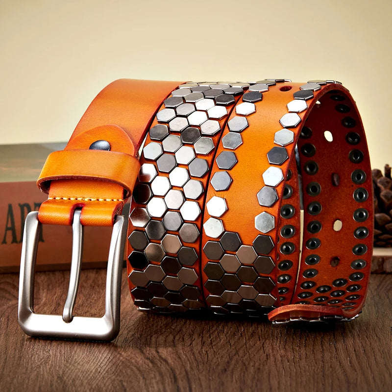 3.8cm Width Men Rivet Studded Belt Punk With Pin Buckle
