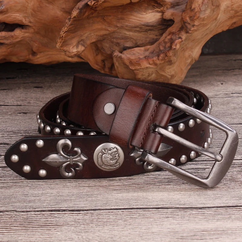 Brand Designer Metal Rivet Cowboy Belt Top Grain 100% Genuine Leather Men Belt