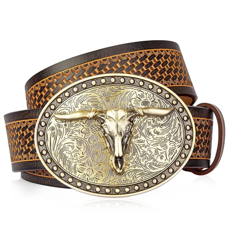 Men's Western Embossed Genuine Leather Belts with Golden Cowboy Longhorn Bull Buckle