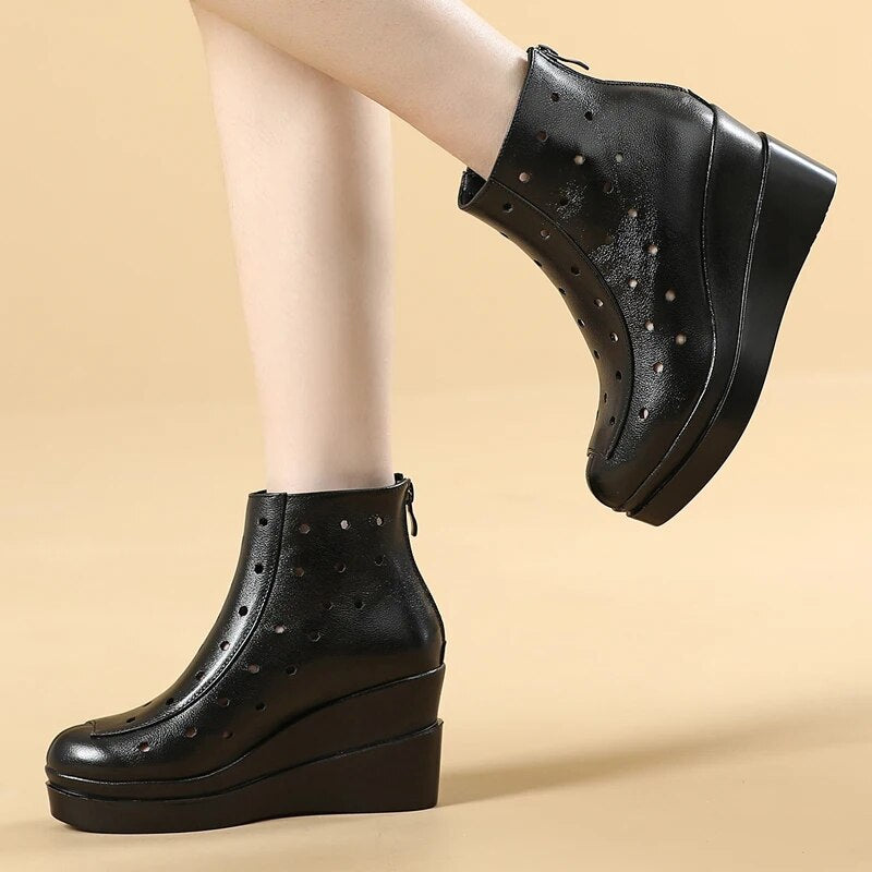 Genuine Leather Wedges Platform Zipper Soft Women Ankle Boots