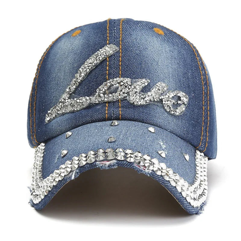 Denim Rhinestone Letter Love Adjustable Summer Outdoor Women Baseball Cap