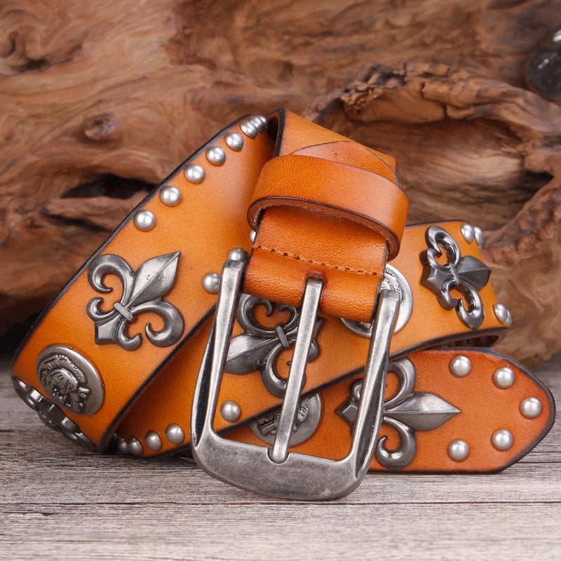 Brand Designer Metal Rivet Cowboy Belt Top Grain 100% Genuine Leather Men Belt