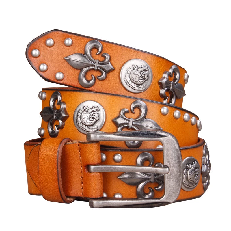 Brand Designer Metal Rivet Cowboy Belt Top Grain 100% Genuine Leather Men Belt