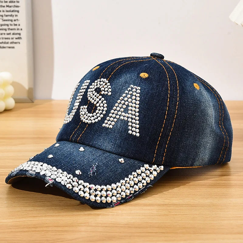 Diamond Encrusted Adjustable Back Buckle Women Baseball Cap