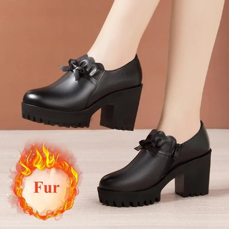 Deep Mouth Black Genuine Leather High Heels Women Shoes