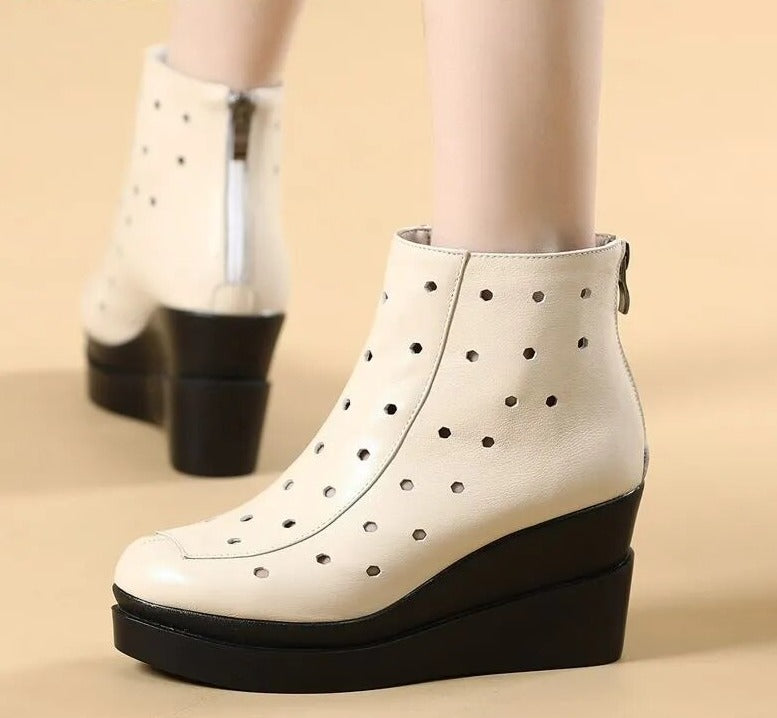 Genuine Leather Wedges Platform Zipper Soft Women Ankle Boots